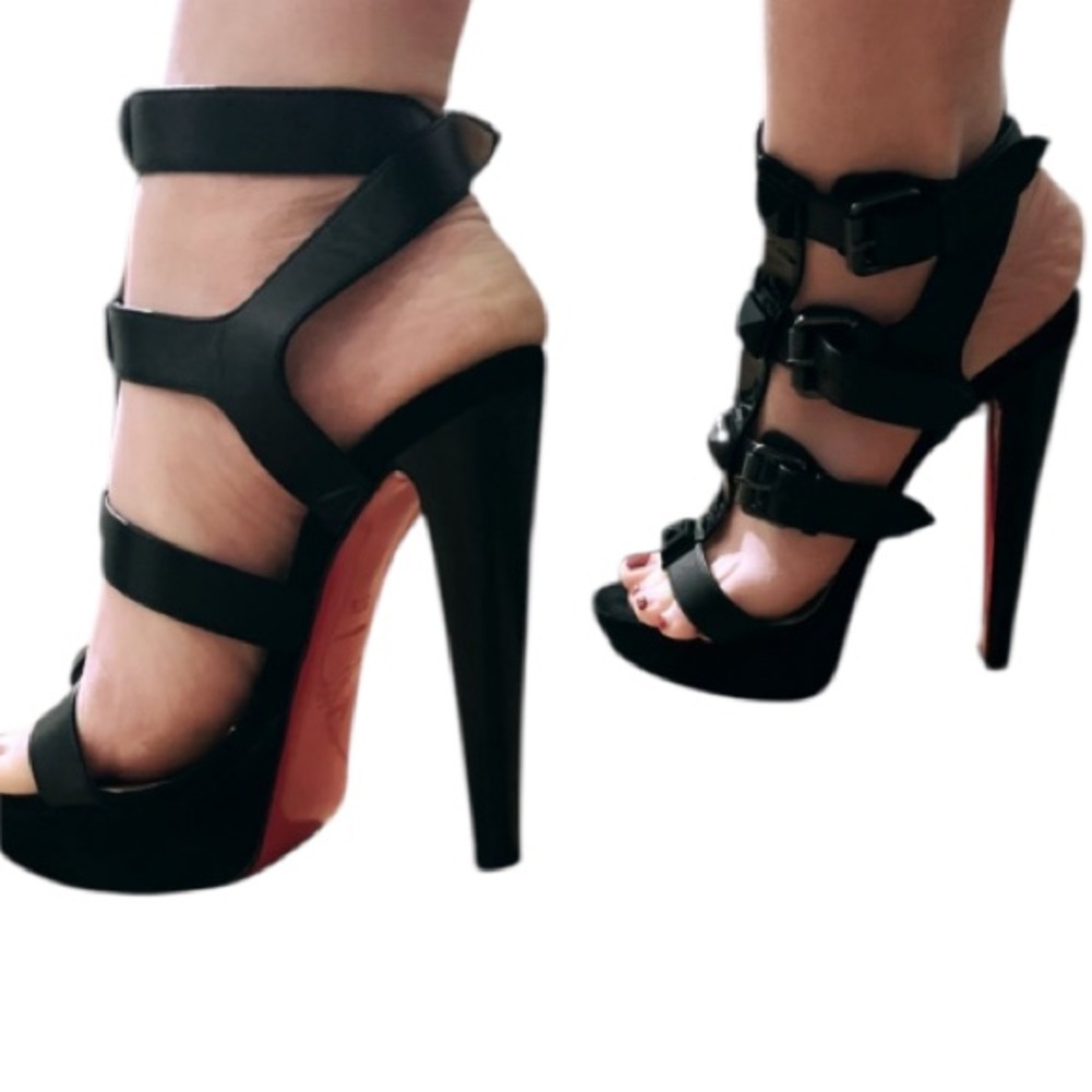 Christian Louboutin Black Strappy Cage Platform Sandals with Red Soles - Picture 2 of 9